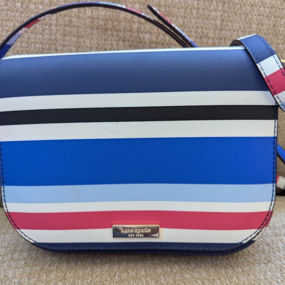 Kate Spade Carsen Laurel Way blue/red striped  leather crossbody bag nev